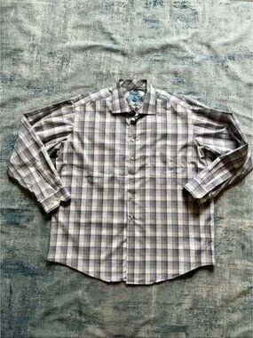 Egara White Gray Blue Plaid Non Iron Slim Fit Button Down Long Sleeve Shirt